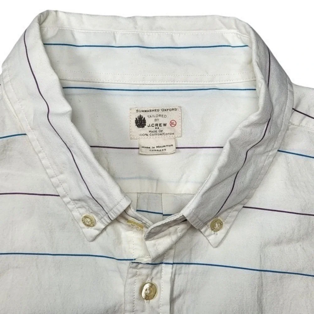 J.Crew Men's XL Sunwashed Oxford Shirt White Blue Striped Tailored Button Down‎
